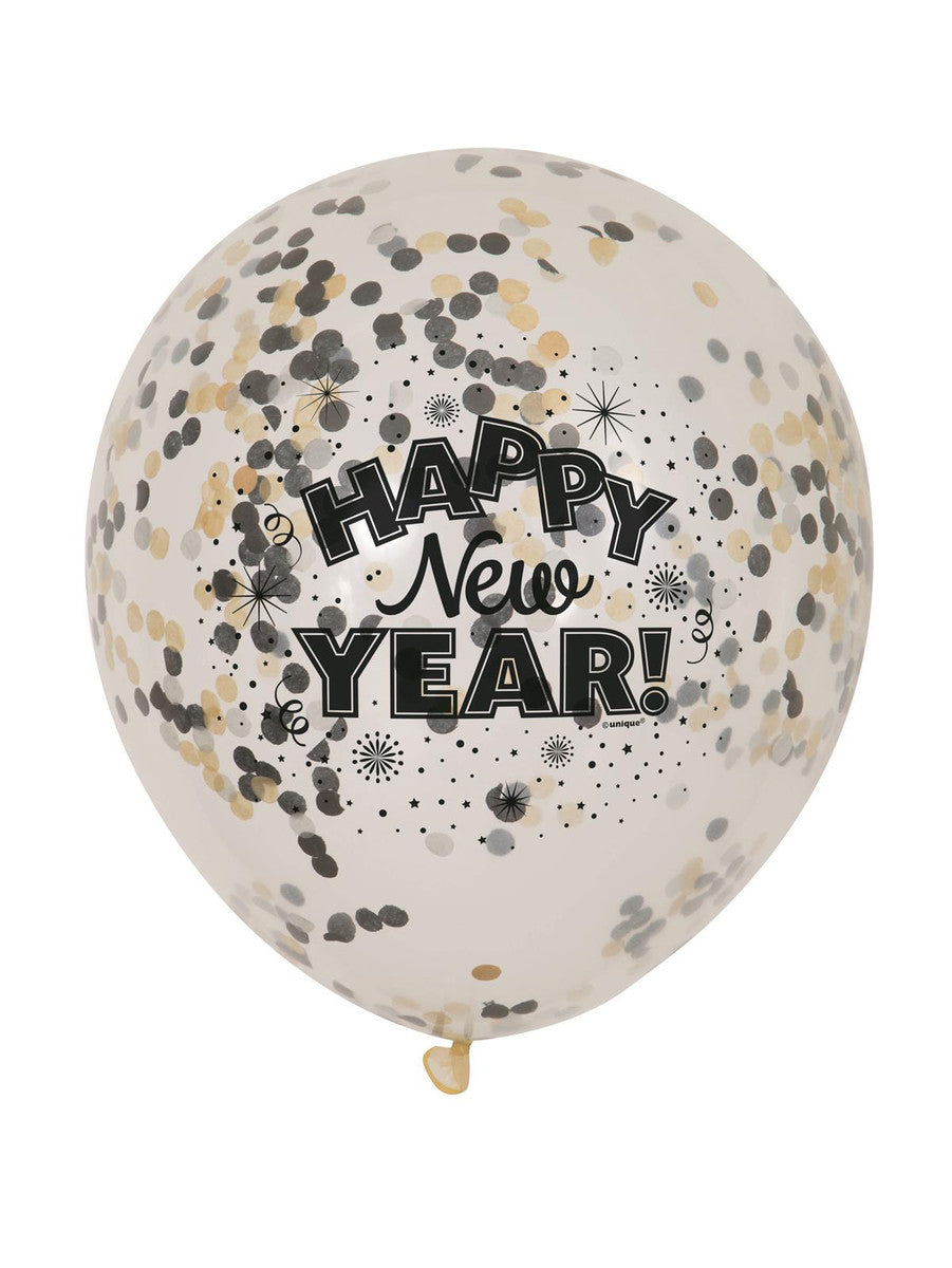 HAPPY NEW YEAR 30CM (12") CLEAR BALLOONS WITH SILVER, GOLD & BLACK CONFETTI