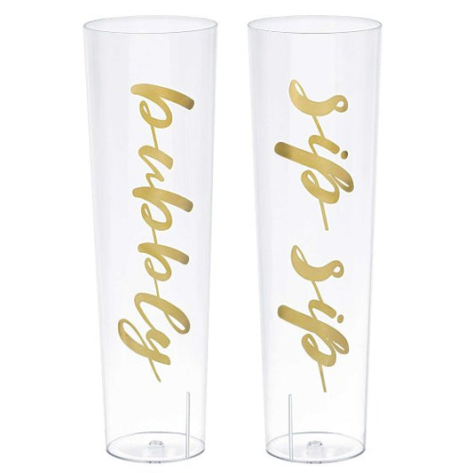 CHAMPAGNE STEMLESS WINE GLASSES GOLD HOT STAMPED ON CLEAR PLASTIC 2pk