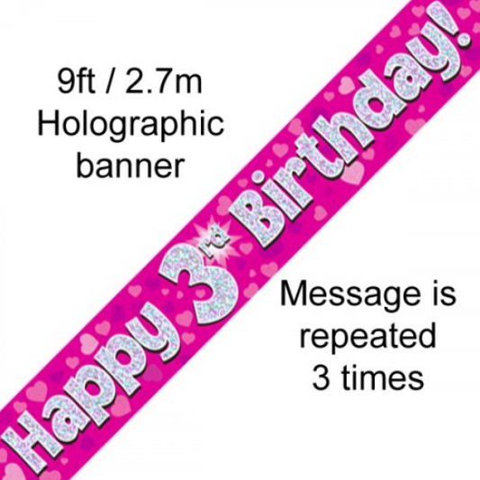 Buy BANNER PINK HAPPY 3RD BDAY at NIS Packaging & Party Supply Brisbane, Logan, Gold Coast, Sydney, Melbourne, Australia