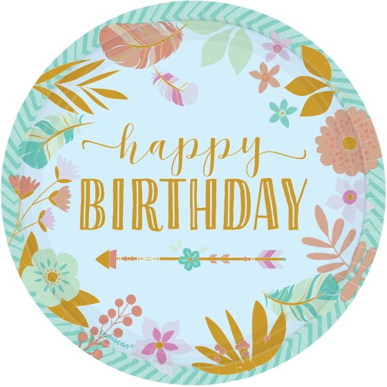 BOHO Birthday Girl 17cm Round Metallic Paper Plates 8pk NIS Packaging & Party Supply