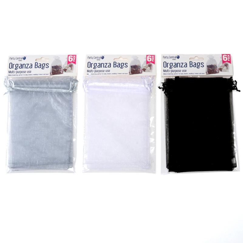 Bag Organza 12cm x 17cm 6pk Assorted Colours: White, Silver, Black NIS Packaging & Party Supply