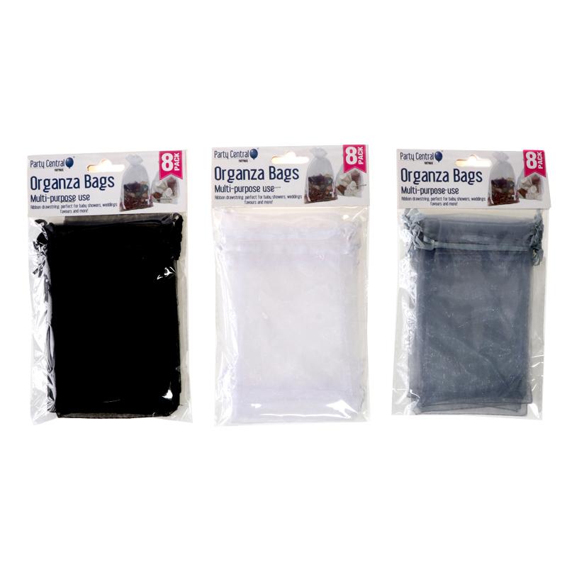 Bag Organza 9.5cm x 15cm 8pk Assorted Colours: White, Silver, Black NIS Packaging & Party Supply