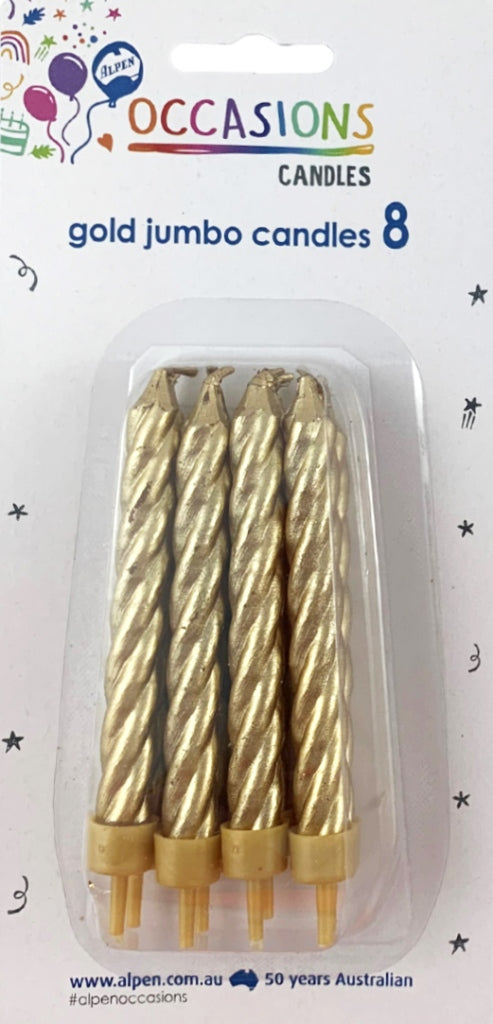 Birthday Candles Jumbo Spiral Gold 8pk NIS Packaging & Party Supply