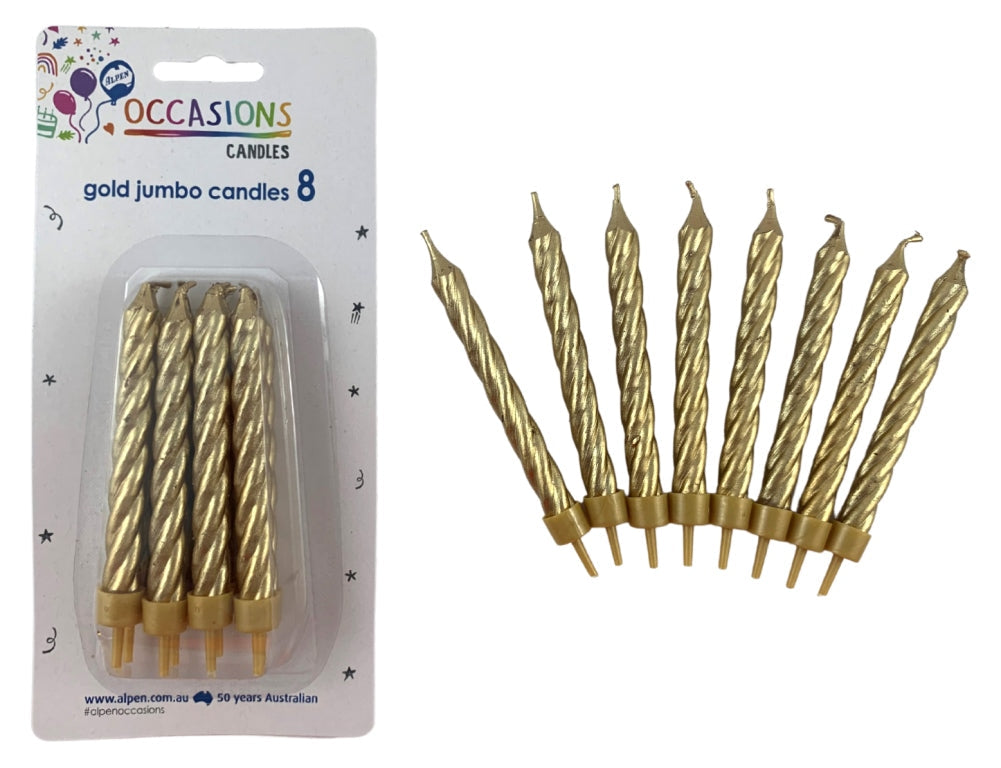 Birthday Candles Jumbo Spiral Gold 8pk NIS Packaging & Party Supply