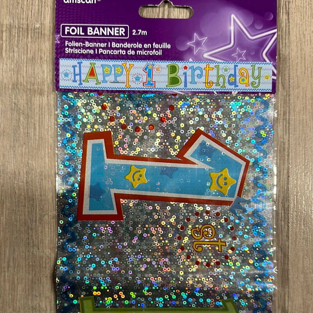 Blue Holographic Happy 1st birthday foil banner NIS Packaging & Party Supply