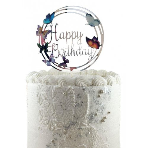 Cake Topper Acrylic 2mm Happy Birthday Butterflies 1pc NIS Packaging & Party Supply