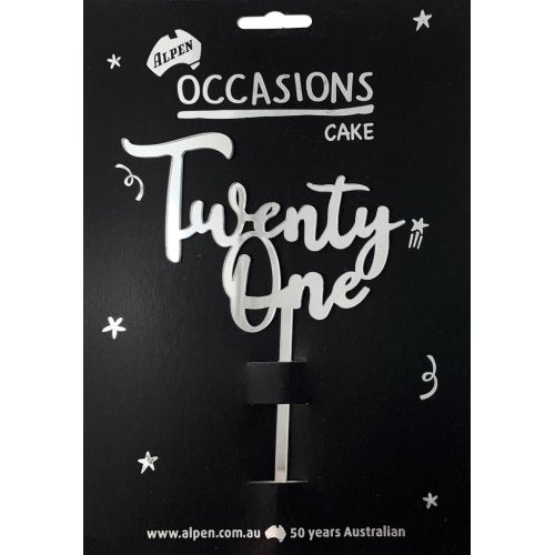 Cake Topper Acrylic 2mm Twenty One Silver NIS Packaging & Party Supply