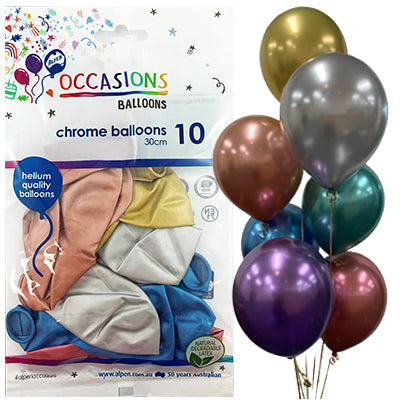 Buy Chrome Assorted Colours 30cm Balloons at NIS Packaging & Party Supply Brisbane, Logan, Gold Coast, Sydney, Melbourne, Australia