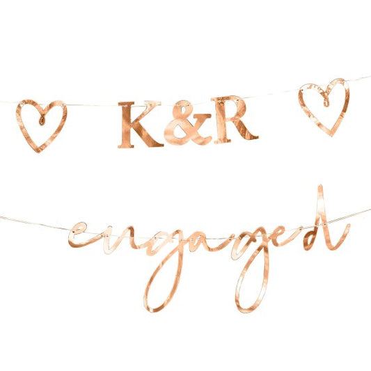 ENGAGED BUNTING WITH CUSTOMISABLE INITIALS & HEARTS ROSE GOLD NIS Packaging & Party Supply