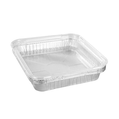 FOIL TRAY LGE W/ PLASTIC LID 22X22X4CM 4PK NIS Packaging & Party Supply