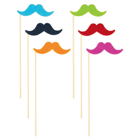 Fiesta Moustache On Stick Multi -Color 6PK NIS Packaging & Party Supply