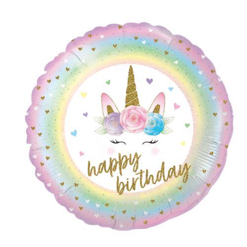 Flowers Unicorn Birthday 18inch Round Balloon 45cm NIS Packaging & Party Supply