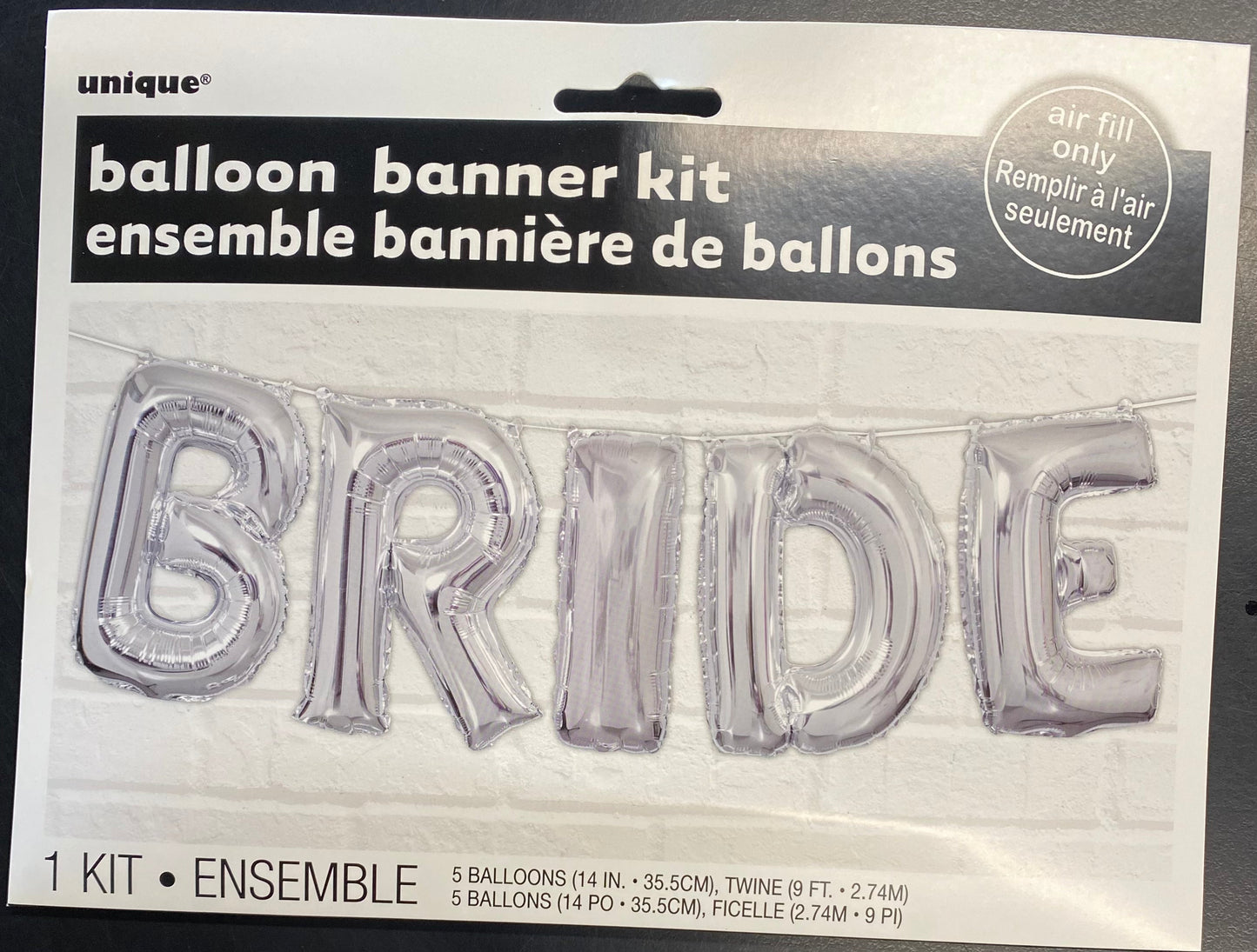 Silver "BRIDE" Balloons Banner Kit Air fill only