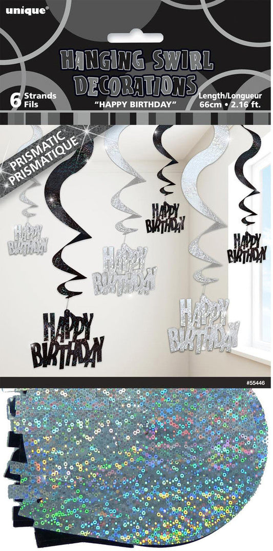 Glitz BLACK & SILVER 6 Prismatic Hanging Swirls 66CM - HAPPY BIRTHDAY NIS Packaging & Party Supply