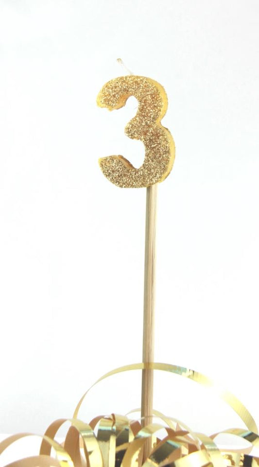 Buy Gold Candle Glitter Number 3 at NIS Packaging & Party Supply Brisbane, Logan, Gold Coast, Sydney, Melbourne, Australia