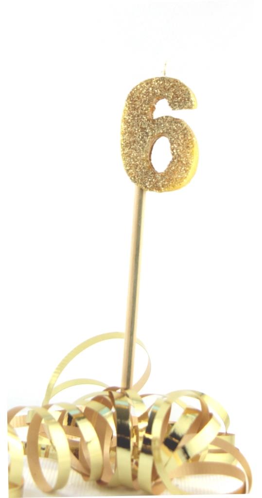 Buy Gold Candle Glitter Number 6 at NIS Packaging & Party Supply Brisbane, Logan, Gold Coast, Sydney, Melbourne, Australia