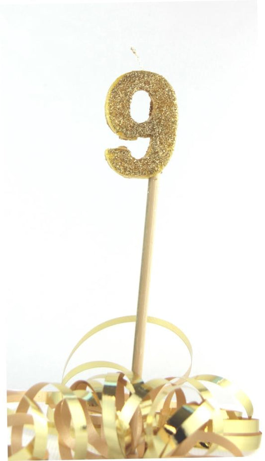 Buy Gold Candle Glitter Number 9 at NIS Packaging & Party Supply Brisbane, Logan, Gold Coast, Sydney, Melbourne, Australia