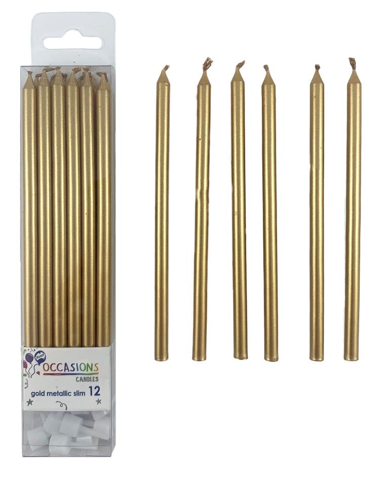 Gold Metallic Slim Candles 120mm with Holders NIS Traders