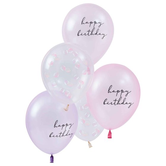 HAPPY BIRTHDAY PRINTED CHROME BALLOONS WITH TISSUE TASSEL TAILS PINK & LILAC NIS Traders