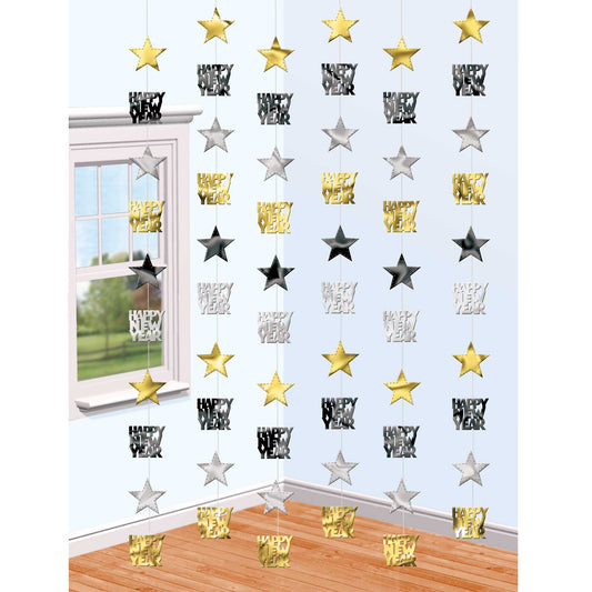 Happy New Year & Stars  Black, Silver & Gold Hanging Foil String Decorations NIS Traders