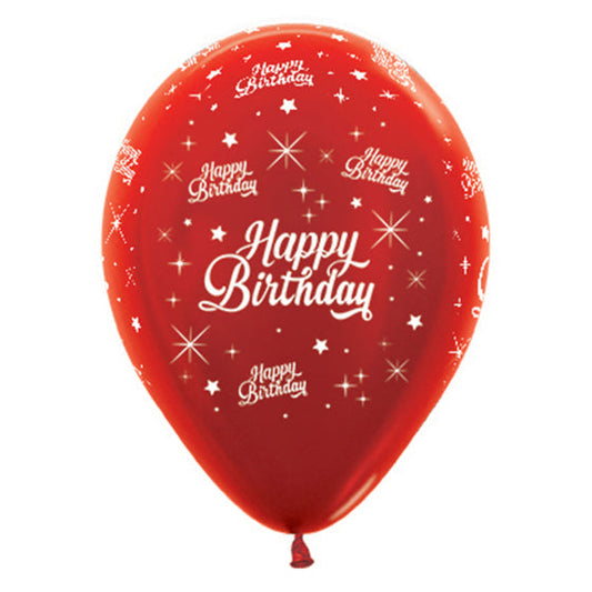 Metallic Pearl Red Twinkling Stars Happy Birthday Printed Balloons 6pk NIS Traders