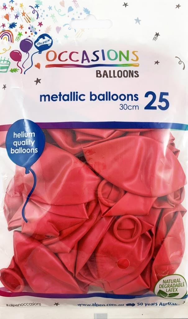 Buy Metallic Red 30cm Balloons 25pk at NIS Packaging & Party Supply Brisbane, Logan, Gold Coast, Sydney, Melbourne, Australia