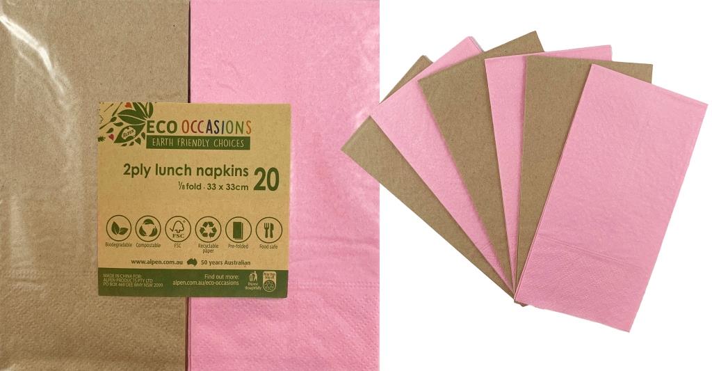 Buy NAPKIN.LUNCH LIGHT PINK/KRAFT P20 at NIS Packaging & Party Supply Brisbane, Logan, Gold Coast, Sydney, Melbourne, Australia