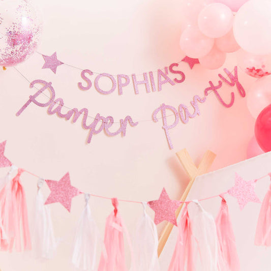 PAMPER PARTY PINK GLITTER CUSTOMISABLE PAMPER PARTY BUNTING NIS Traders