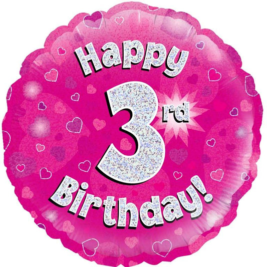 Buy Pink Holographic Happy 3 Bday Round Foil Balloon at NIS Packaging & Party Supply Brisbane, Logan, Gold Coast, Sydney, Melbourne, Australia