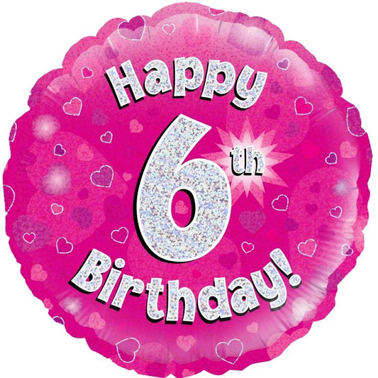 Buy Pink Holographic Happy 6 Bday Round Foil Balloon at NIS Packaging & Party Supply Brisbane, Logan, Gold Coast, Sydney, Melbourne, Australia