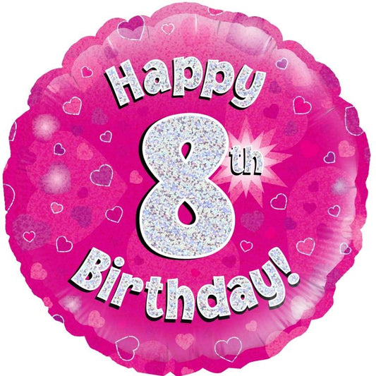 Buy Pink Holographic Happy 8 Bday Round Foil Balloon at NIS Packaging & Party Supply Brisbane, Logan, Gold Coast, Sydney, Melbourne, Australia