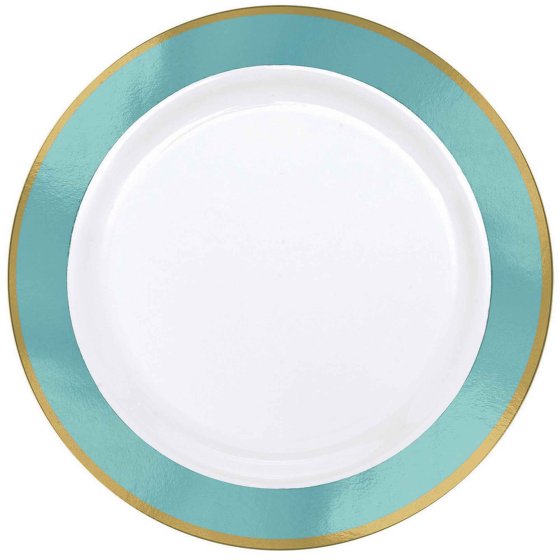 Premium Plastic Plates 25cm White With Robin's Egg Blue Border 10pk NIS Traders