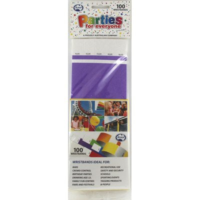 Buy Purple Tyvek Wristband 100pk at NIS Packaging & Party Supply Brisbane, Logan, Gold Coast, Sydney, Melbourne, Australia