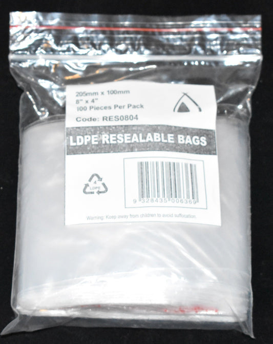 Resealable Bag 205mm x 100mm (8"X4") 100pk