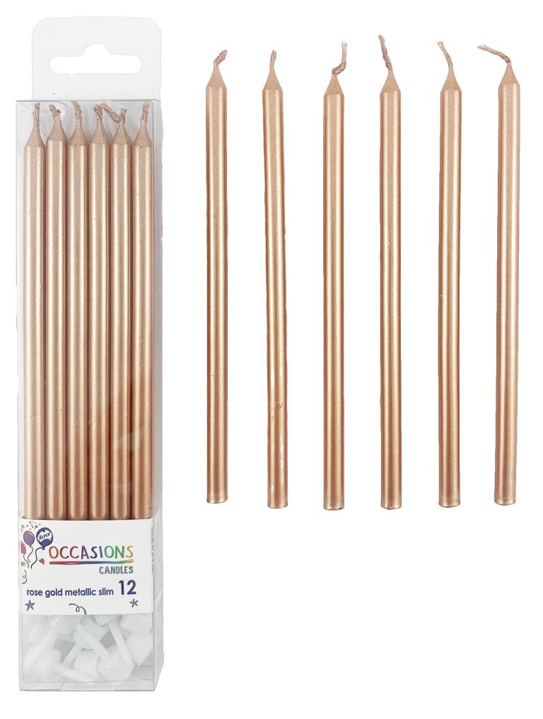 Rose Gold Metallic Slim Candles 120mm with Holders NIS Traders