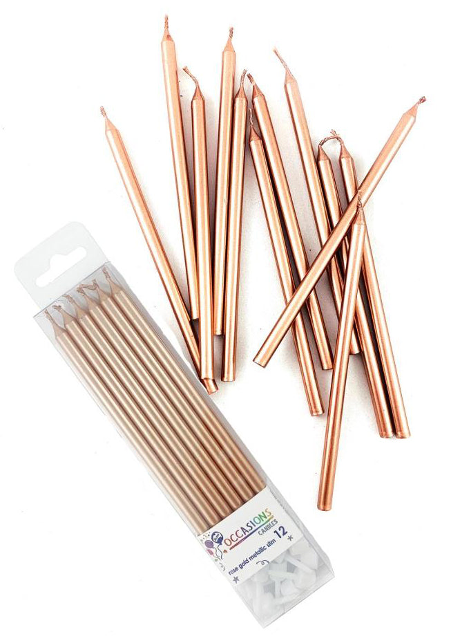 Rose Gold Metallic Slim Candles 120mm with Holders NIS Traders