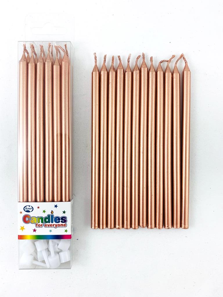 Rose Gold Metallic Slim Candles 120mm with Holders NIS Traders