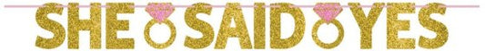 SHE SAID YES GLITTERED CARDBOARD GOLD & PINK RIBBON BANNER NIS Traders