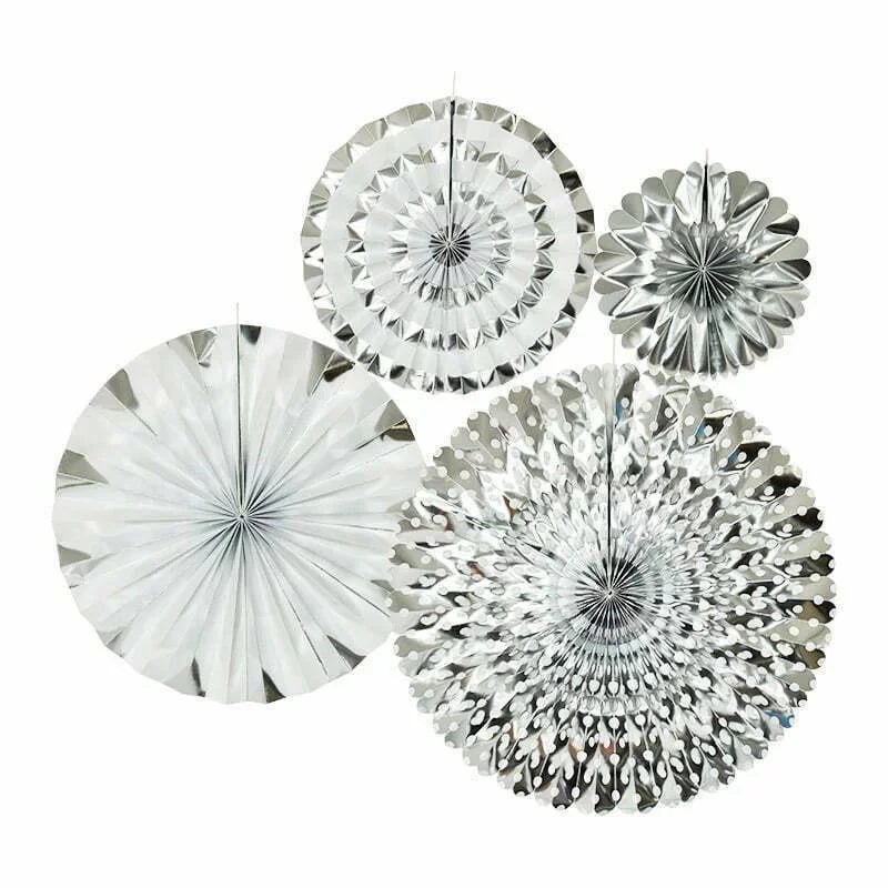 SILVER Paper Fans Decoration Set of 4 pcs NIS Traders