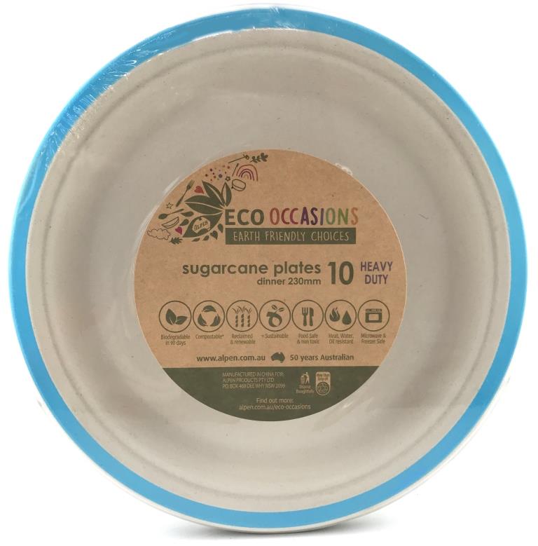 Buy SUGCANE DINNER PLATE 230MM LT. BLUE EDGE PACK OF10 at NIS Packaging & Party Supply Brisbane, Logan, Gold Coast, Sydney, Melbourne, Australia