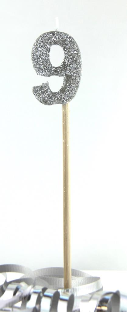 Buy Silver Candle Glitter Number 9 at NIS Packaging & Party Supply Brisbane, Logan, Gold Coast, Sydney, Melbourne, Australia