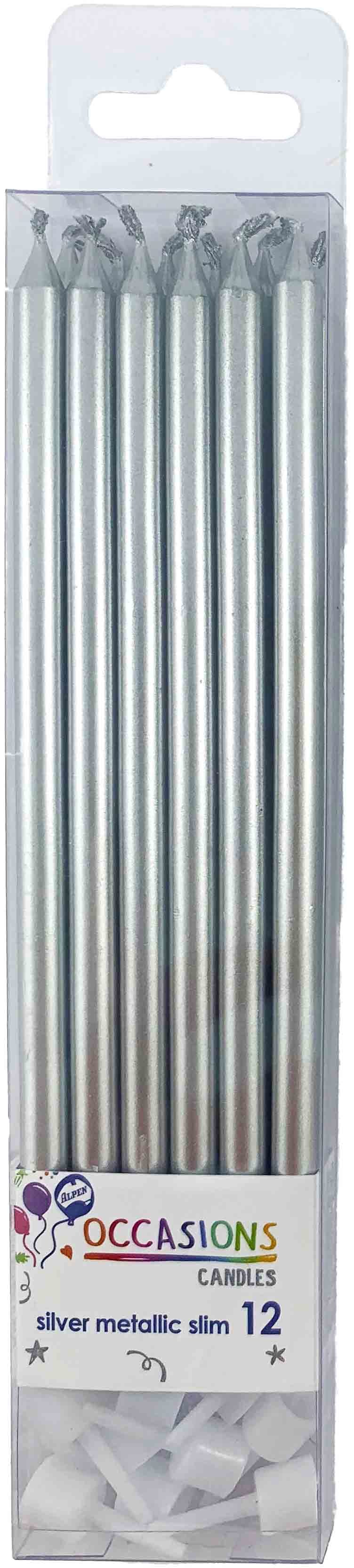 Silver Metallic Slim Candles 120mm with Holders NIS Traders