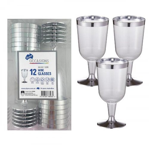 Silver Trim Plastic Wine Glass 175ml 12pk NIS Traders