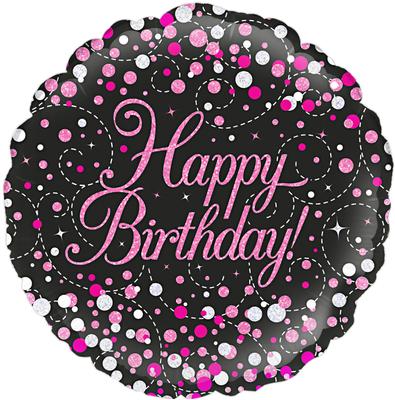 Buy Sparkling Fizz Black & Pink Happy Birthday Round Foil Balloon at NIS Packaging & Party Supply Brisbane, Logan, Gold Coast, Sydney, Melbourne, Australia