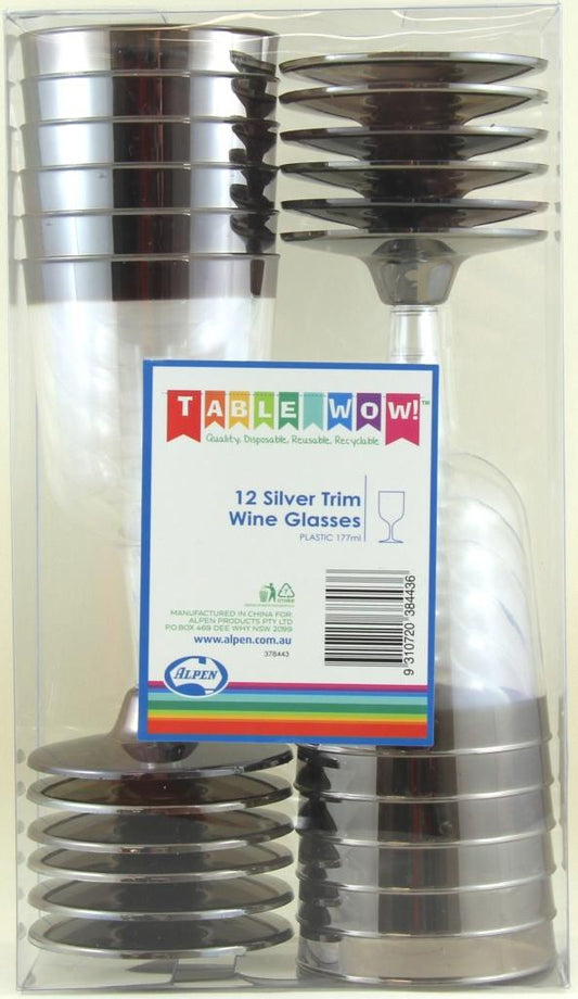 Buy WINE GLASS SILVER TRIM BX12 at NIS Packaging & Party Supply Brisbane, Logan, Gold Coast, Sydney, Melbourne, Australia