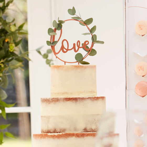 WEDDING CAKE TOPPER METAL HOOP WITH WOODEN SCRIPT WRITING