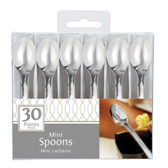 MINI SPOONS SILVER PLASTIC 4""/ 10CM 30pc