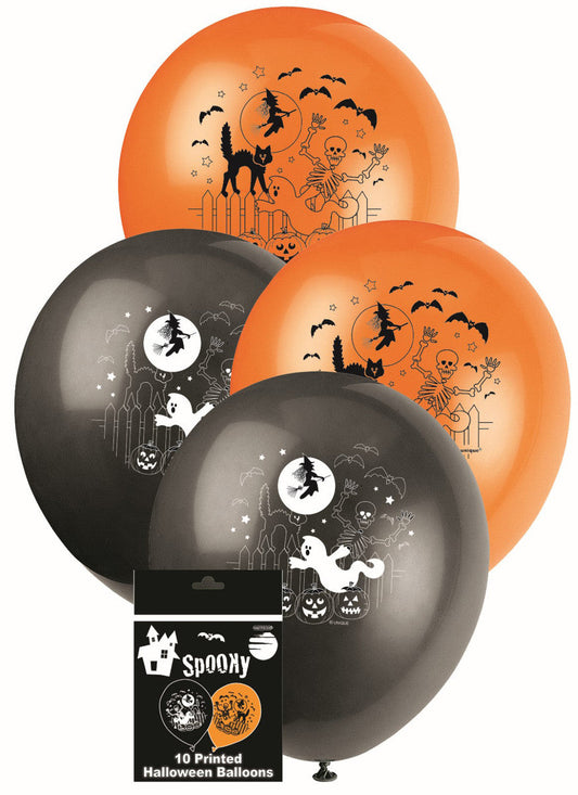 Halloween Printed Balloons 10 X 25CM (10") ORANGE & BLACK